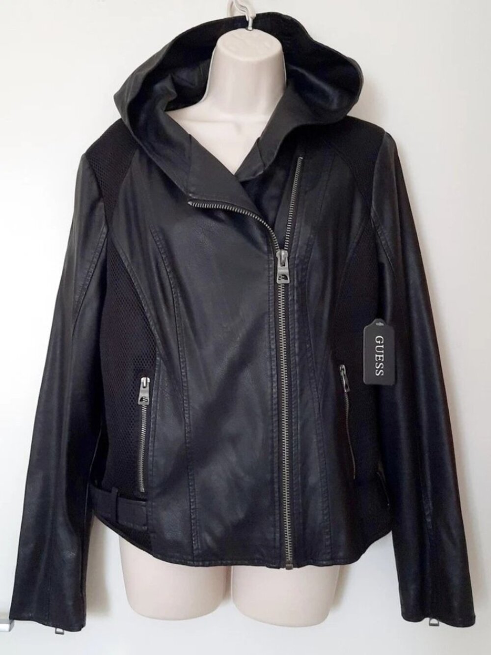 Guess Black Faux Leather Combo Jacket With Hood Size Large NWT
